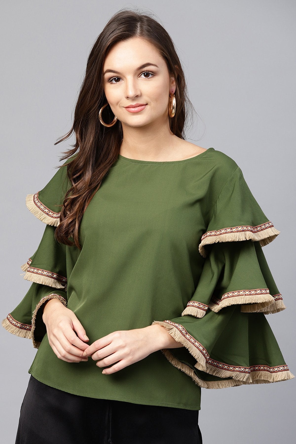 Women's Olive Frill Sleeve Top