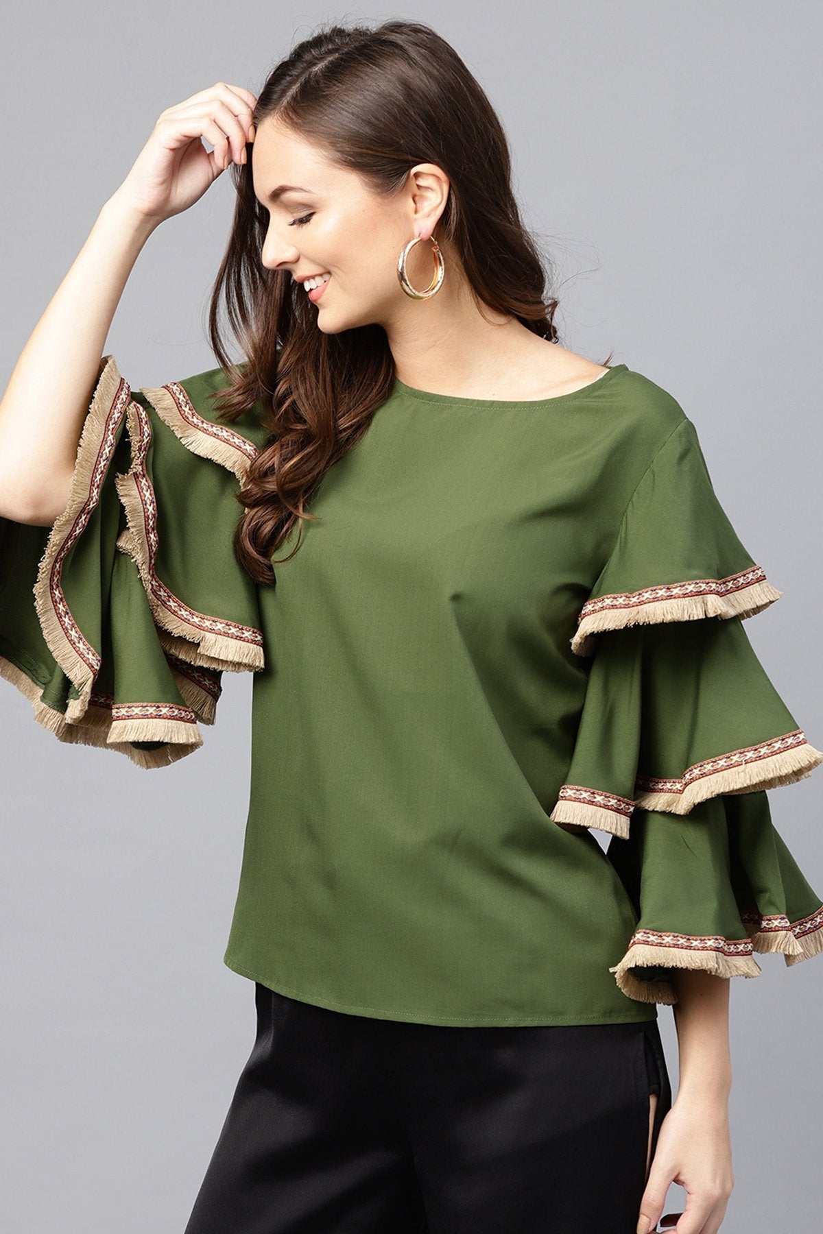 Women's Olive Frill Sleeve Top