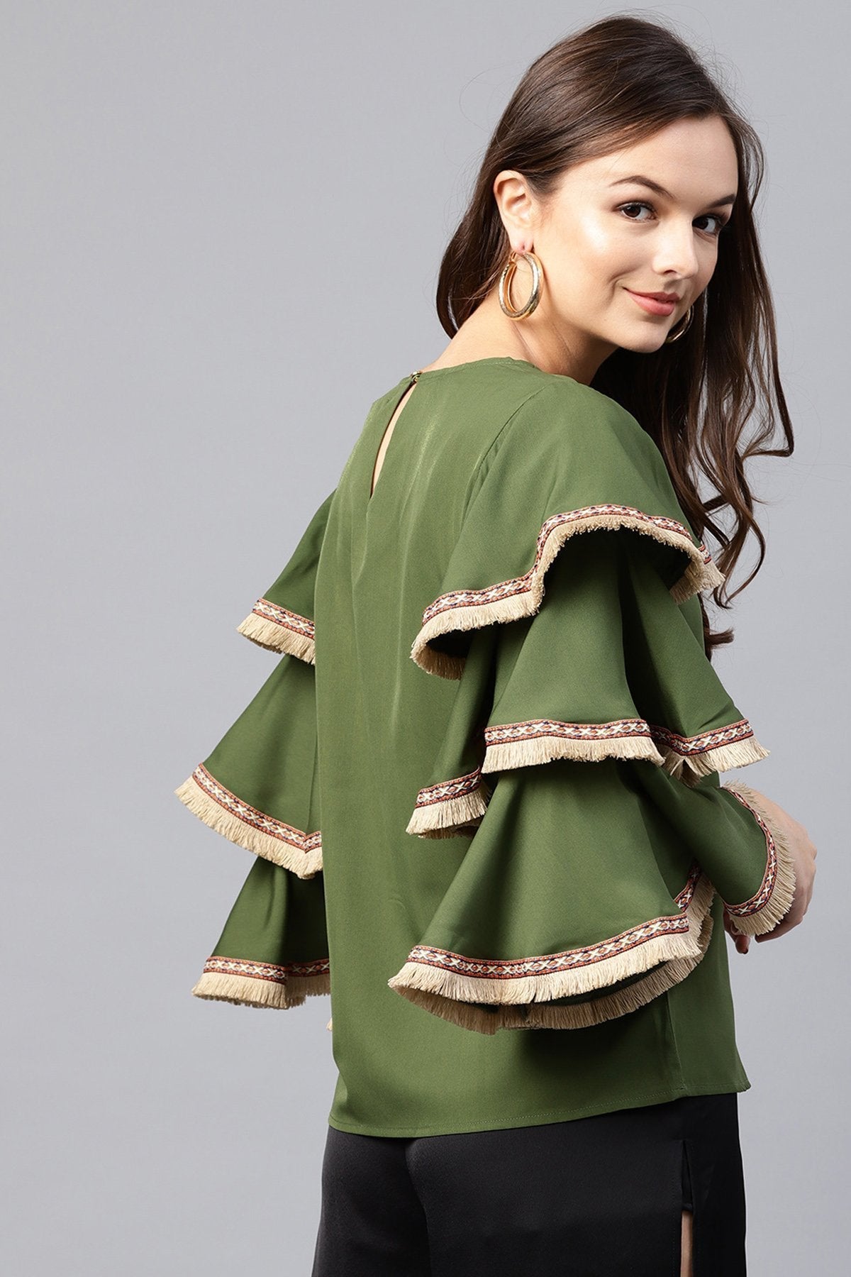 Women's Olive Frill Sleeve Top