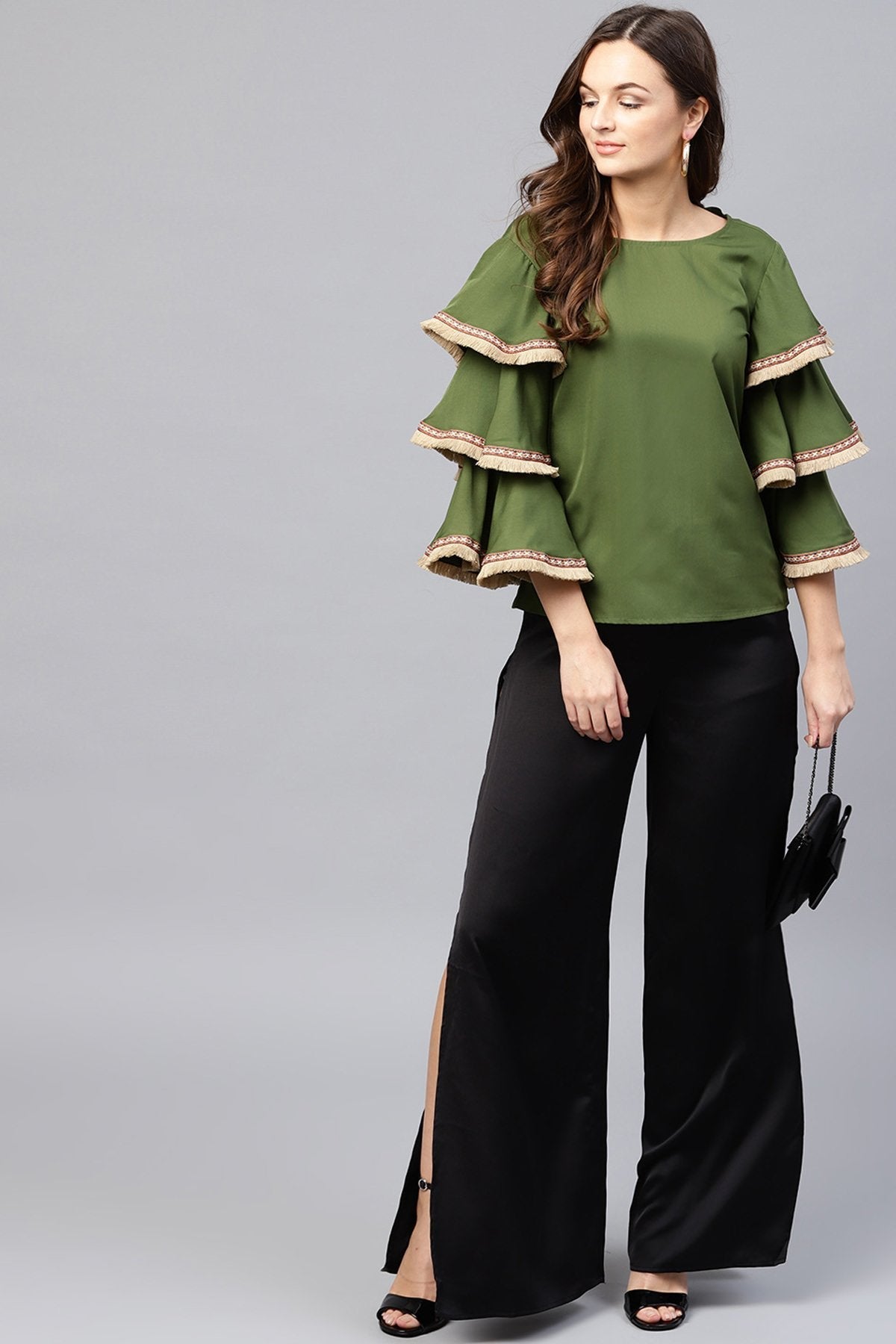 Women's Olive Frill Sleeve Top