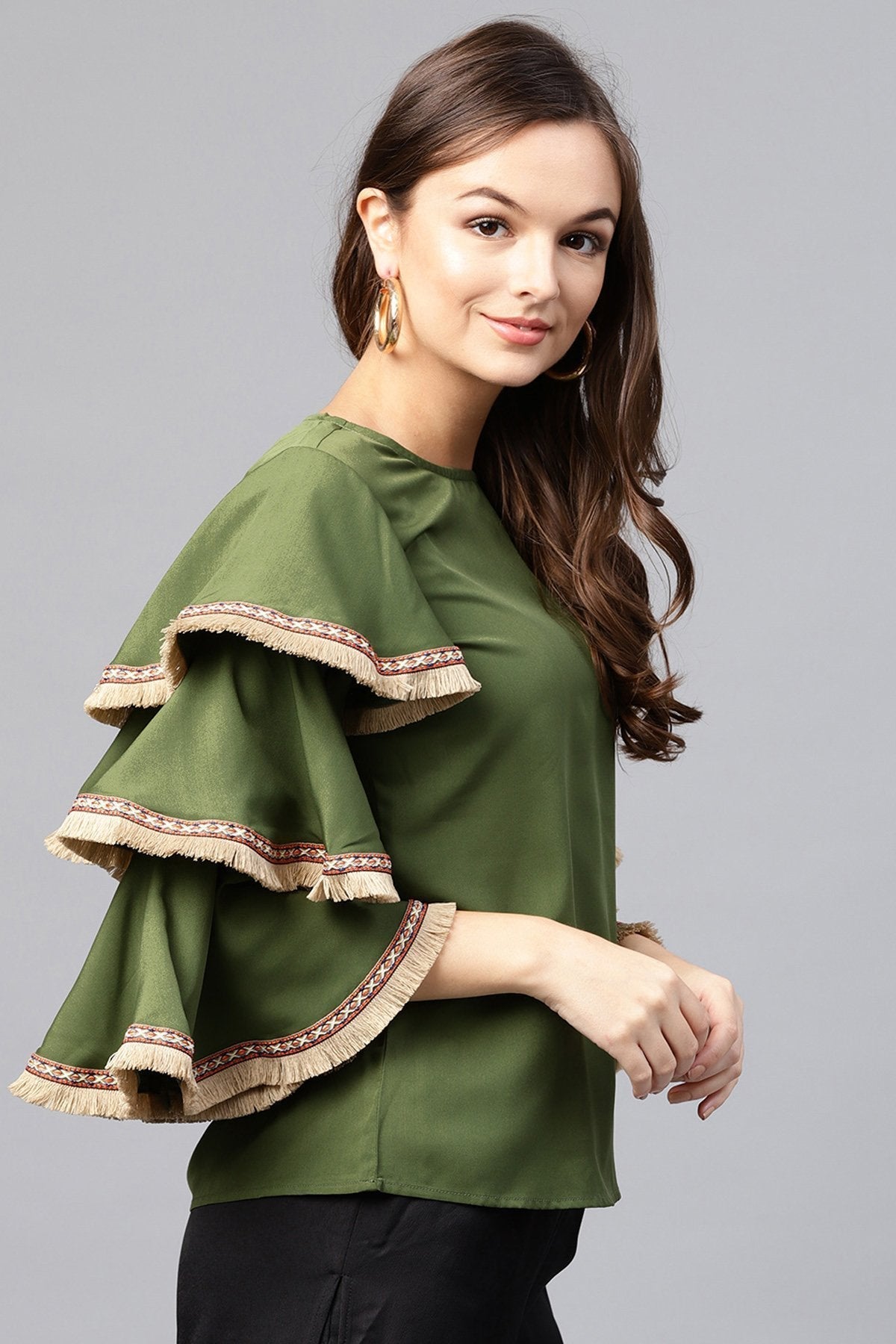 Women's Olive Frill Sleeve Top