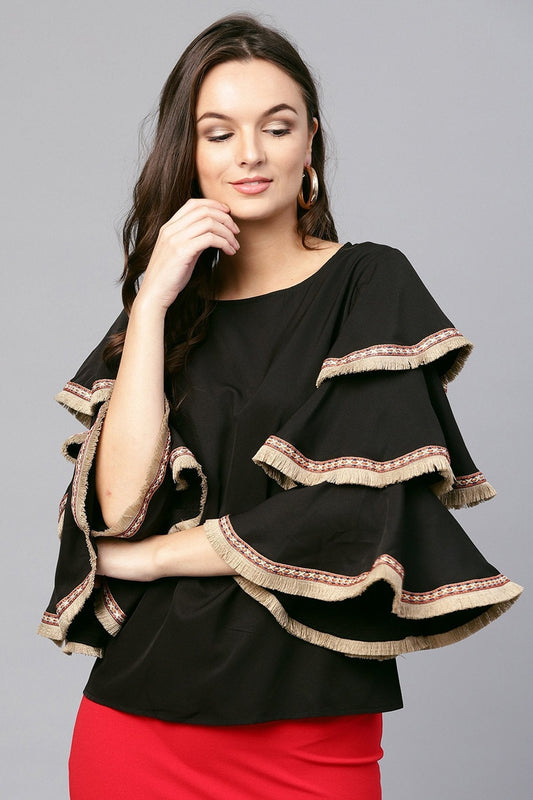 Women's Black Frill Sleeve Top