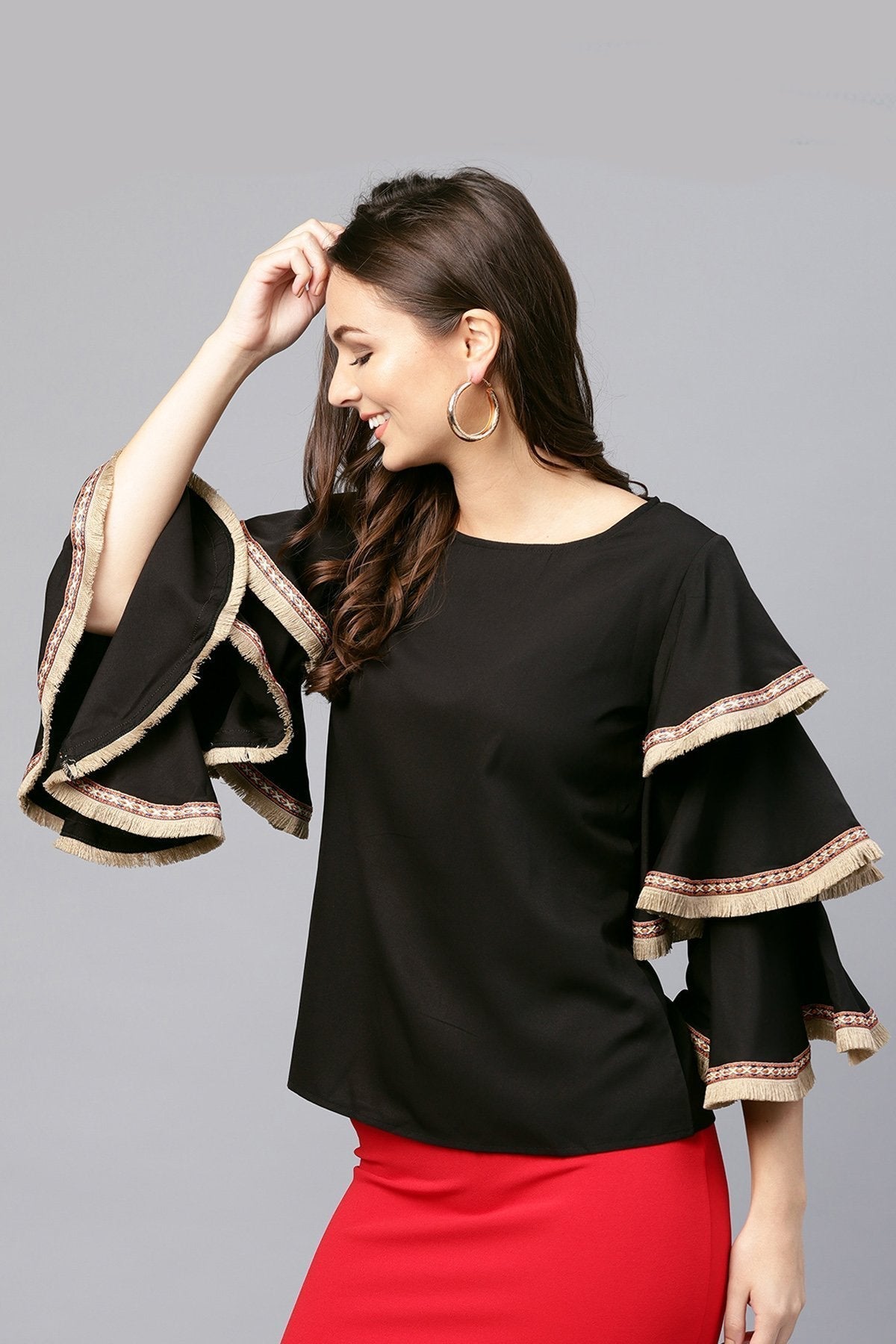 Women's Black Frill Sleeve Top
