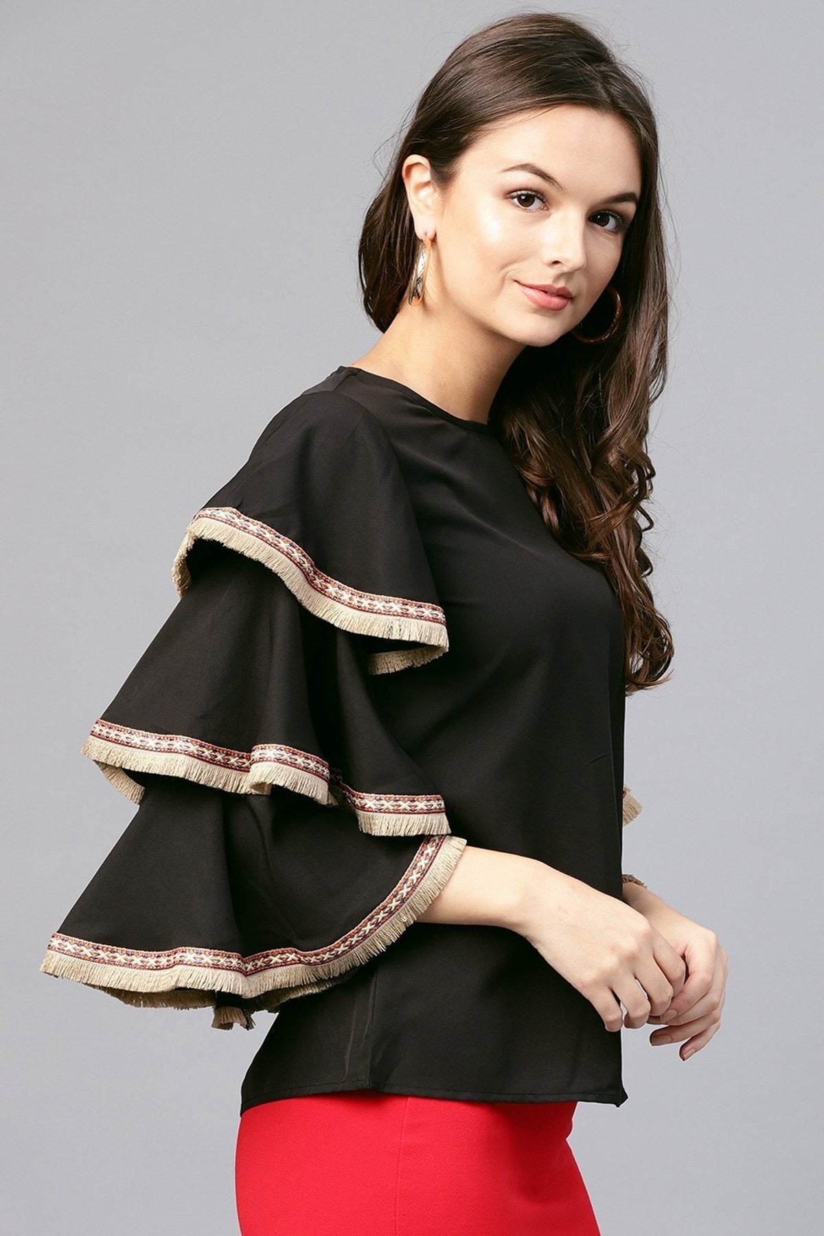 Women's Black Frill Sleeve Top