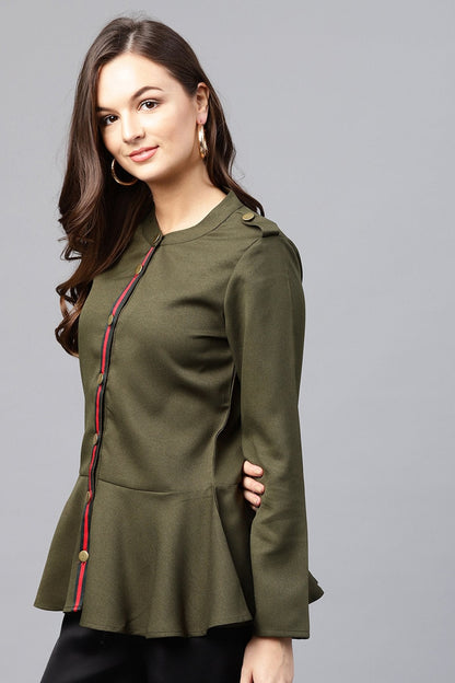 Women's Olive Peplum Shirt Style Top