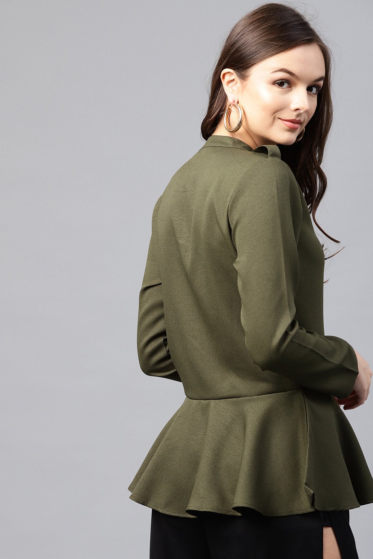 Women's Olive Peplum Shirt Style Top
