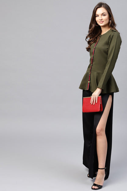 Women's Olive Peplum Shirt Style Top