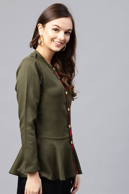 Women's Olive Peplum Shirt Style Top
