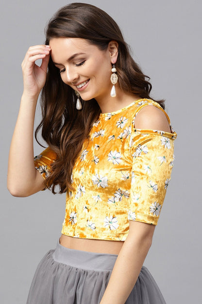 Women's Yellow Velvet Floral Cold Shoulder Crop Top