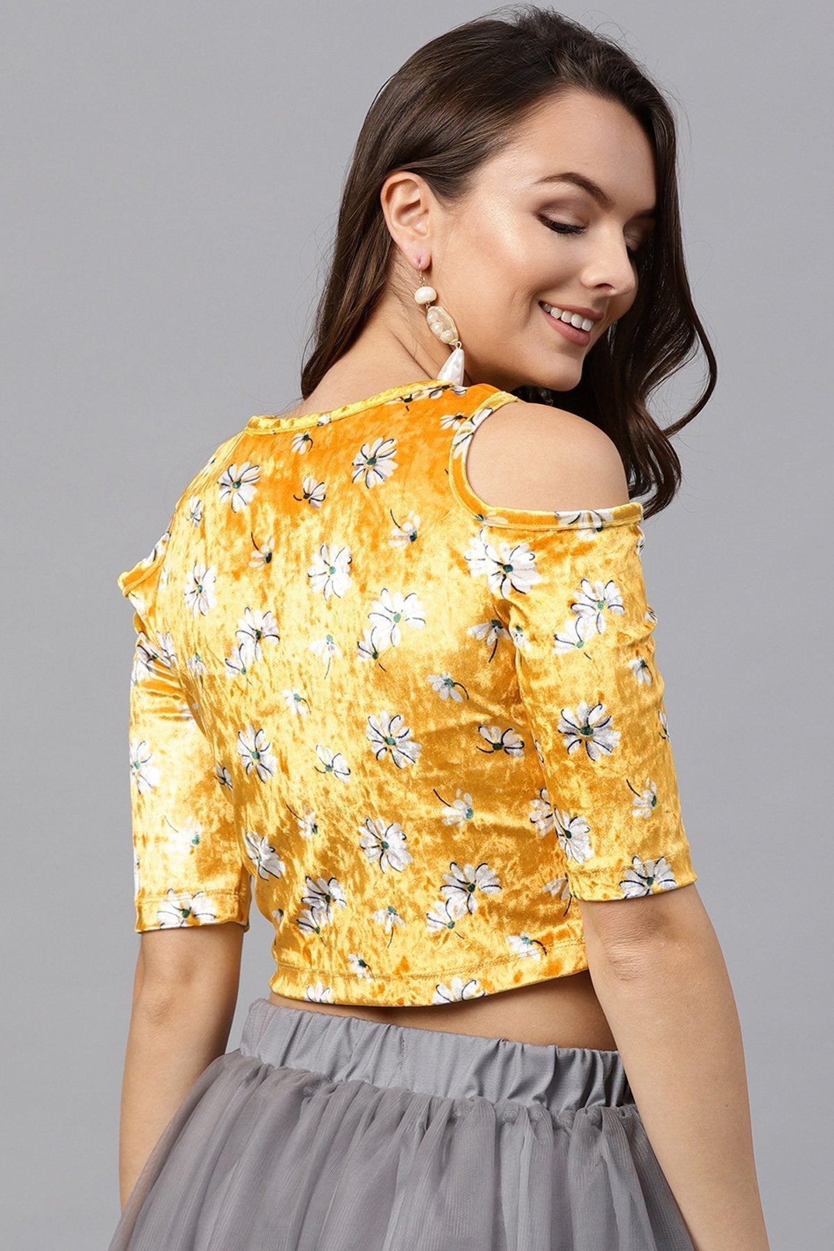 Women's Yellow Velvet Floral Cold Shoulder Crop Top