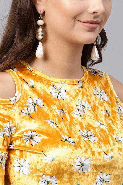 Women's Yellow Velvet Floral Cold Shoulder Crop Top