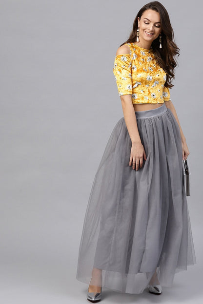 Women's Yellow Velvet Floral Cold Shoulder Crop Top