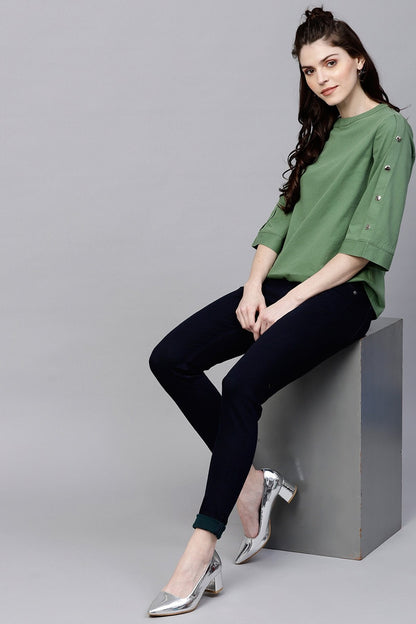 Women's Olive Denim Boxy Button-Up Top