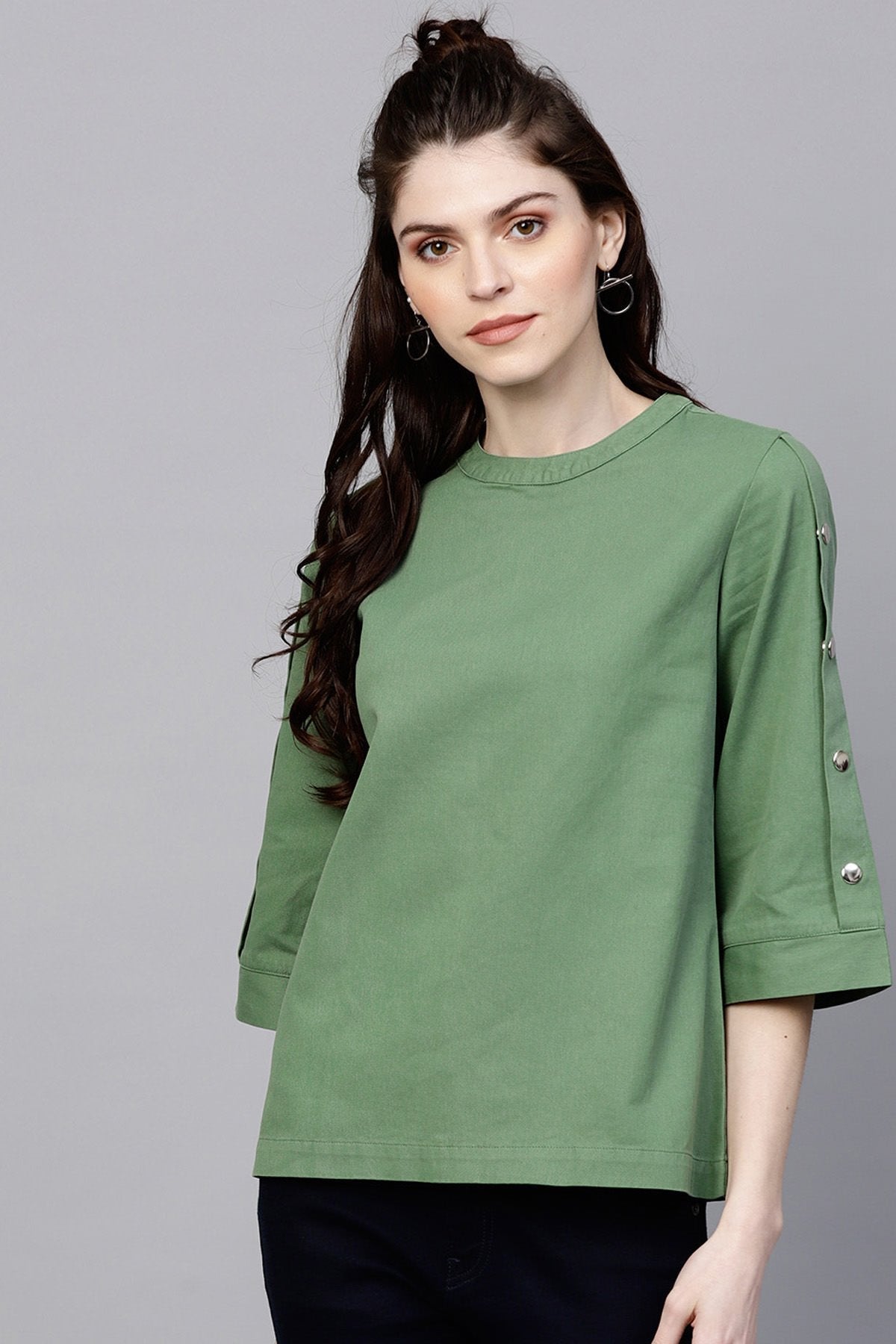 Women's Olive Denim Boxy Button-Up Top