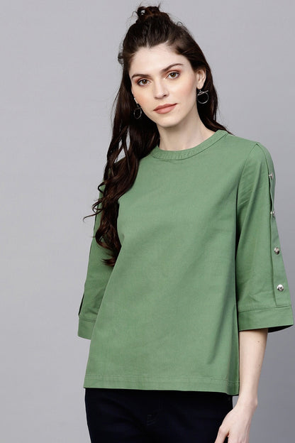 Women's Olive Denim Boxy Button-Up Top
