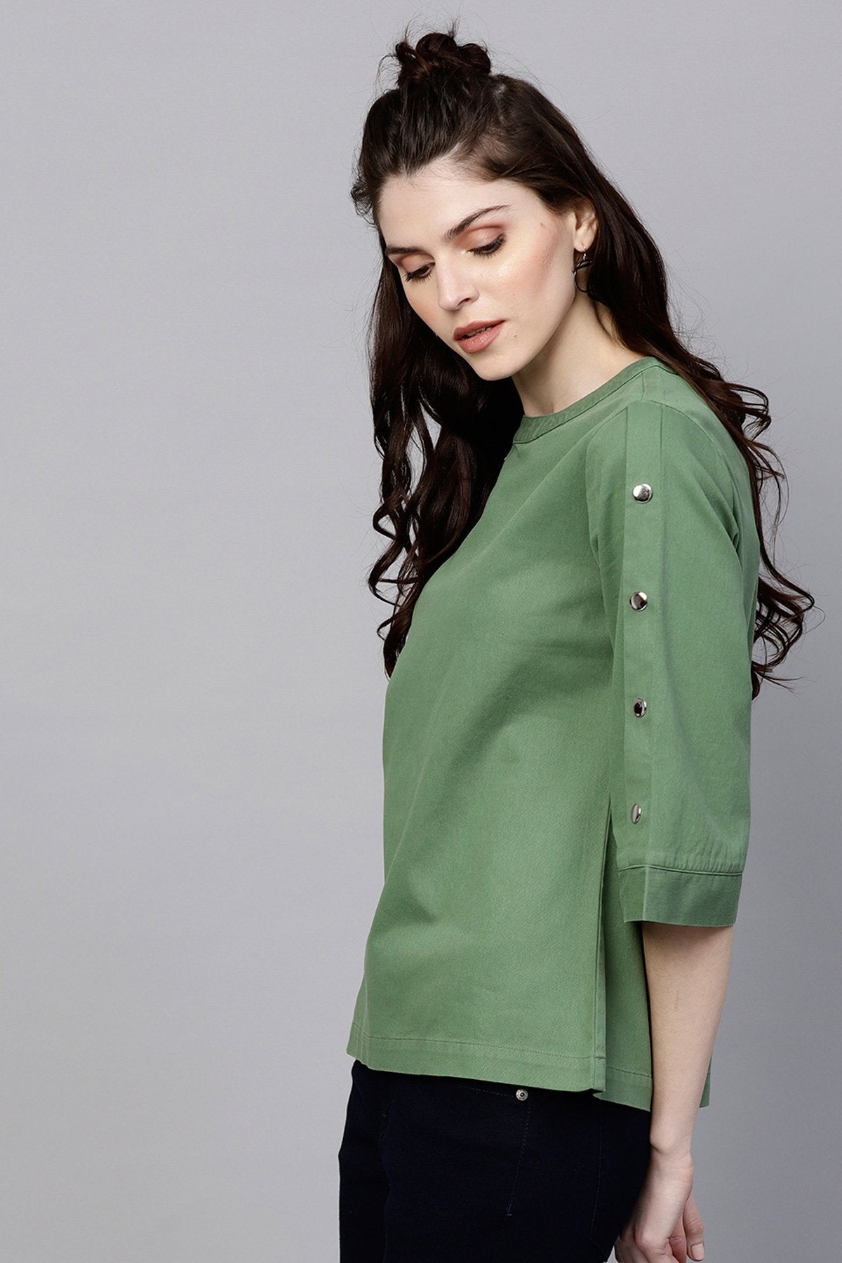 Women's Olive Denim Boxy Button-Up Top