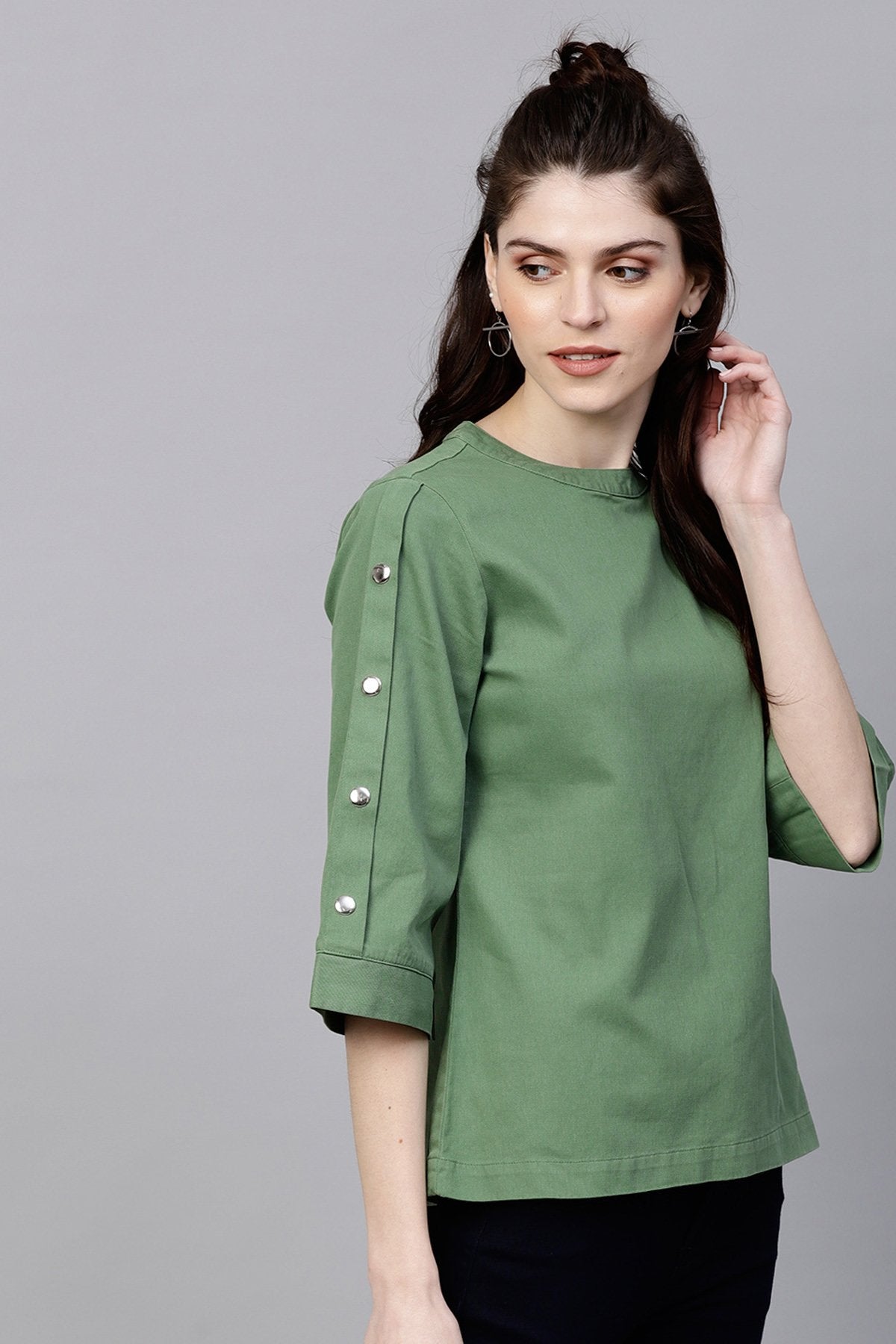 Women's Olive Denim Boxy Button-Up Top