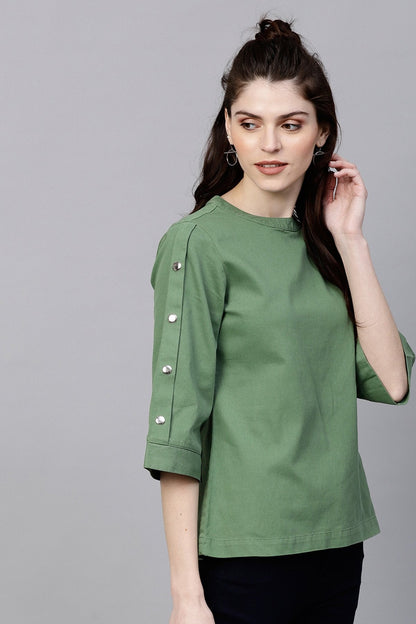 Women's Olive Denim Boxy Button-Up Top