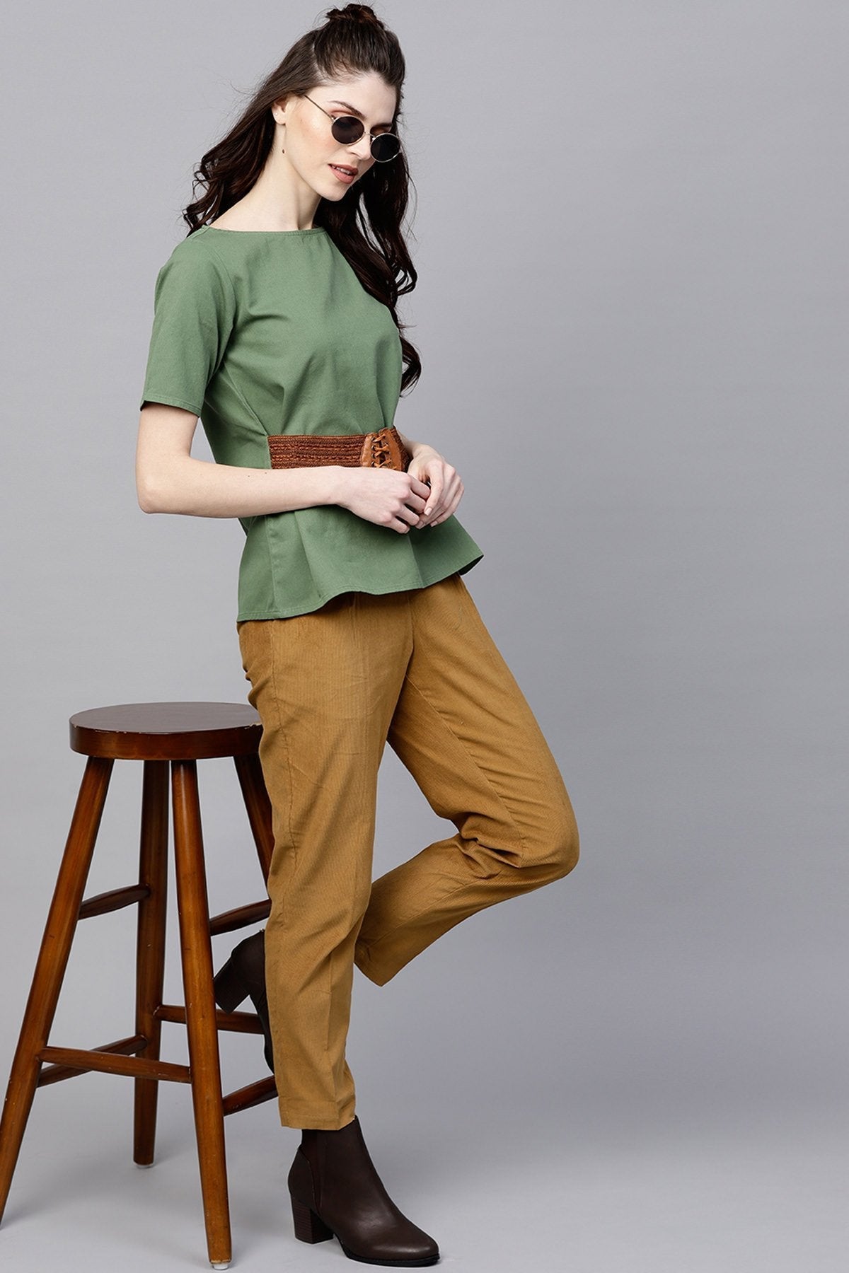 Women's Olive Denim Belted Top