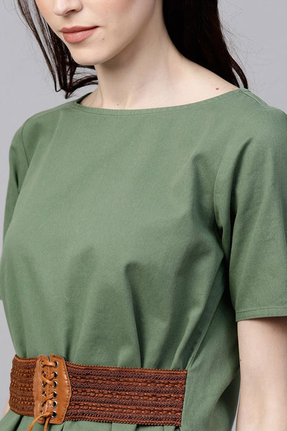 Women's Olive Denim Belted Top