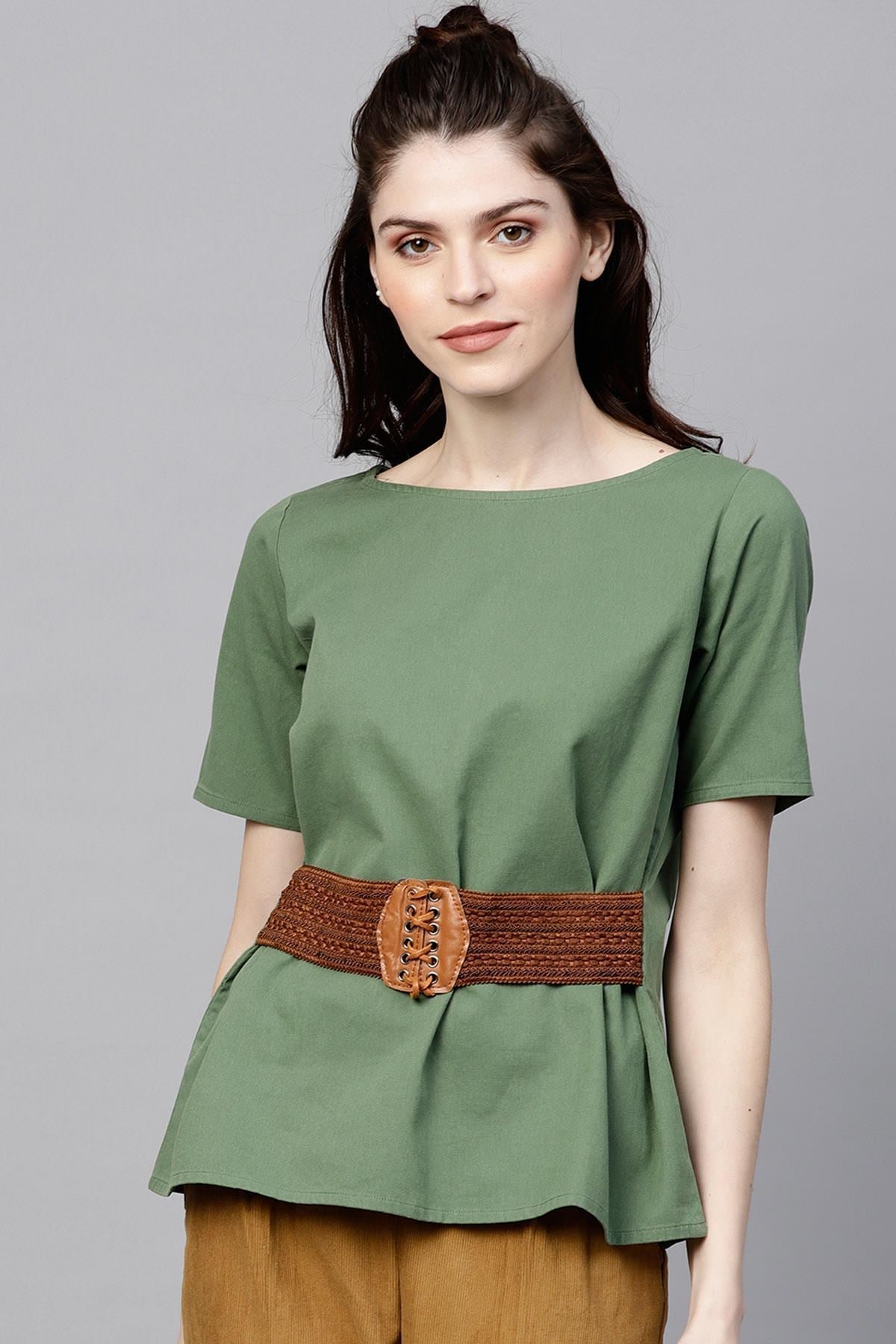 Women's Olive Denim Belted Top