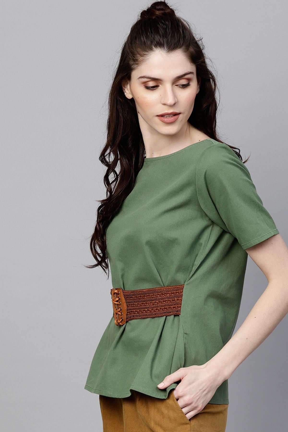 Women's Olive Denim Belted Top
