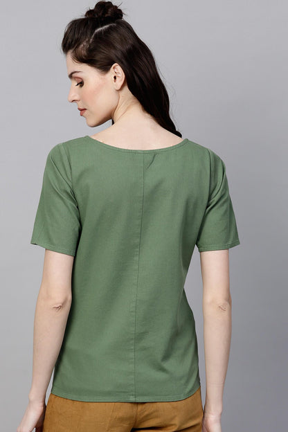 Women's Olive Denim Belted Top