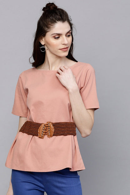 Women's Pink Denim Belted Top