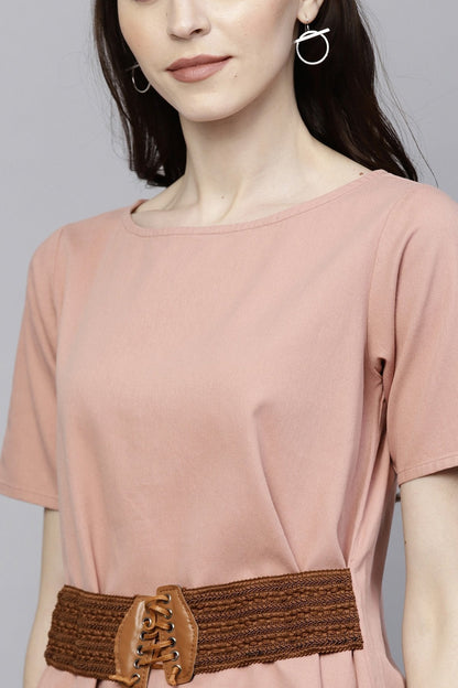 Women's Pink Denim Belted Top