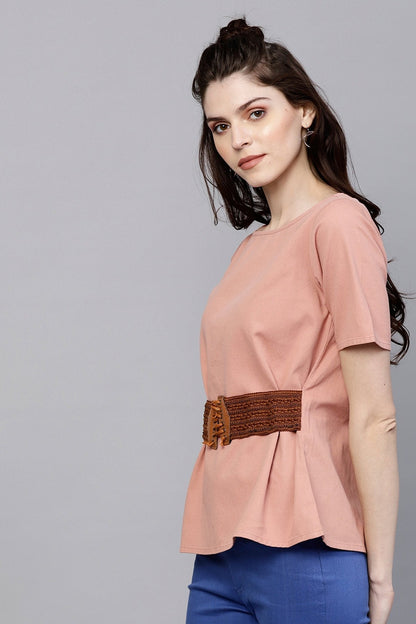 Women's Pink Denim Belted Top
