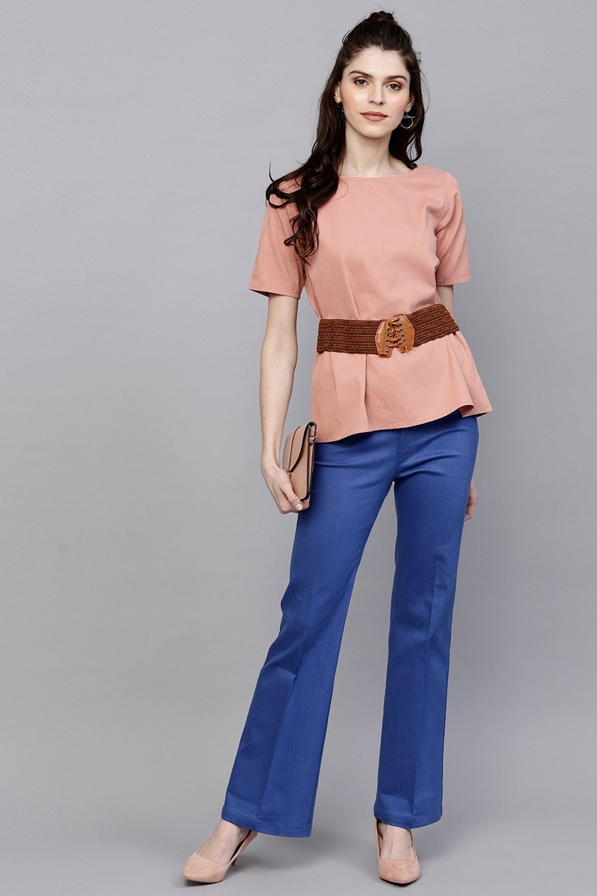 Women's Pink Denim Belted Top