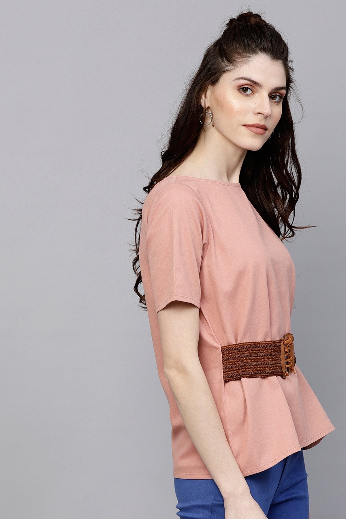 Women's Pink Denim Belted Top