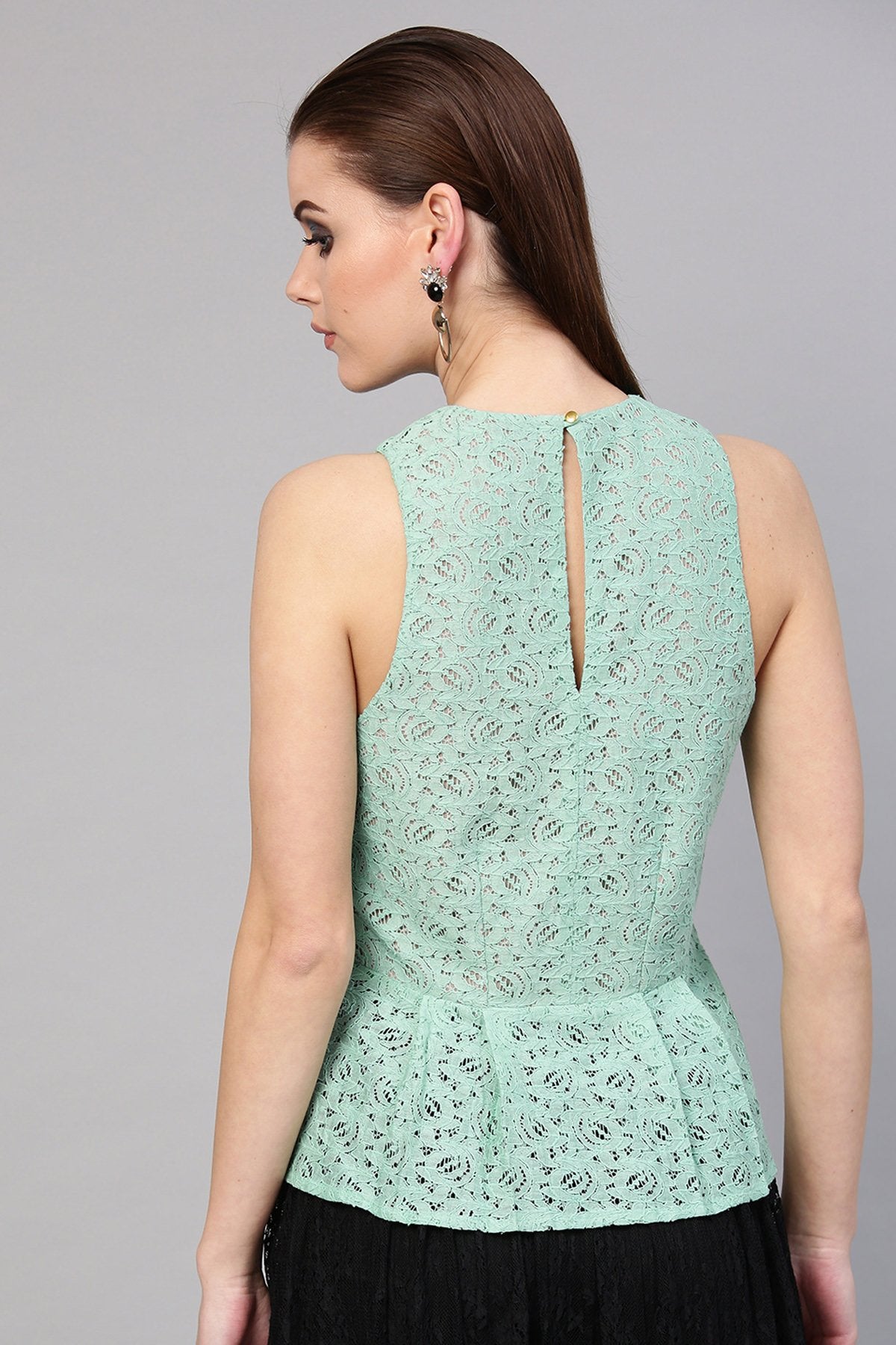 Women's Mint Blue Lace Sleeveless Peplum Top
