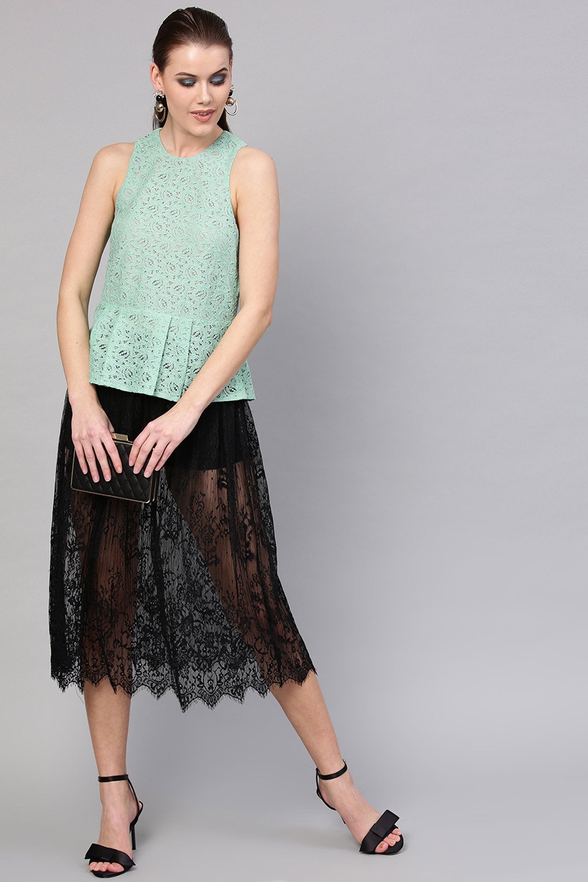 Women's Mint Blue Lace Sleeveless Peplum Top