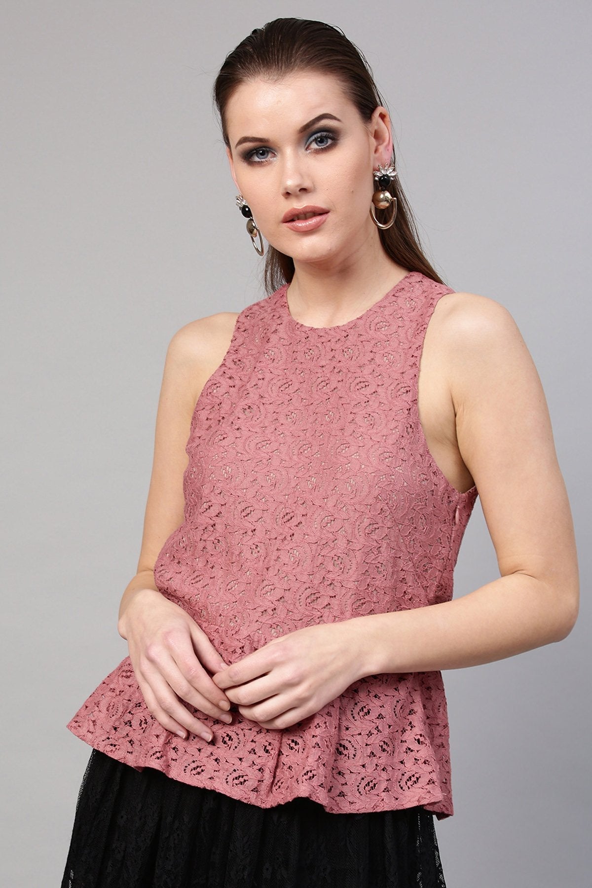 Women's Onion Pink Lace Sleeveless Peplum Top