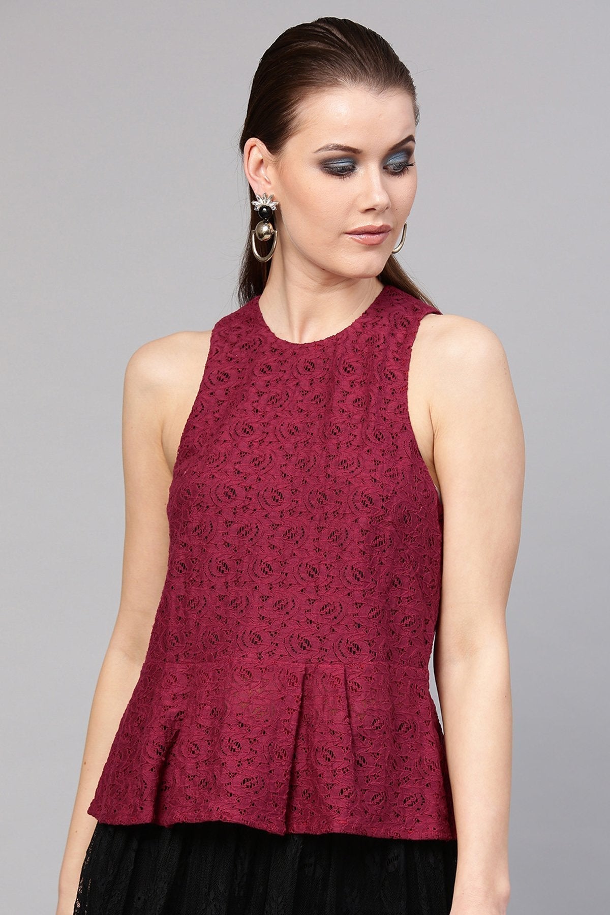Women's Wine Lace Sleeveless Peplum Top