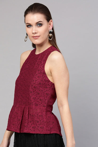 Women's Wine Lace Sleeveless Peplum Top