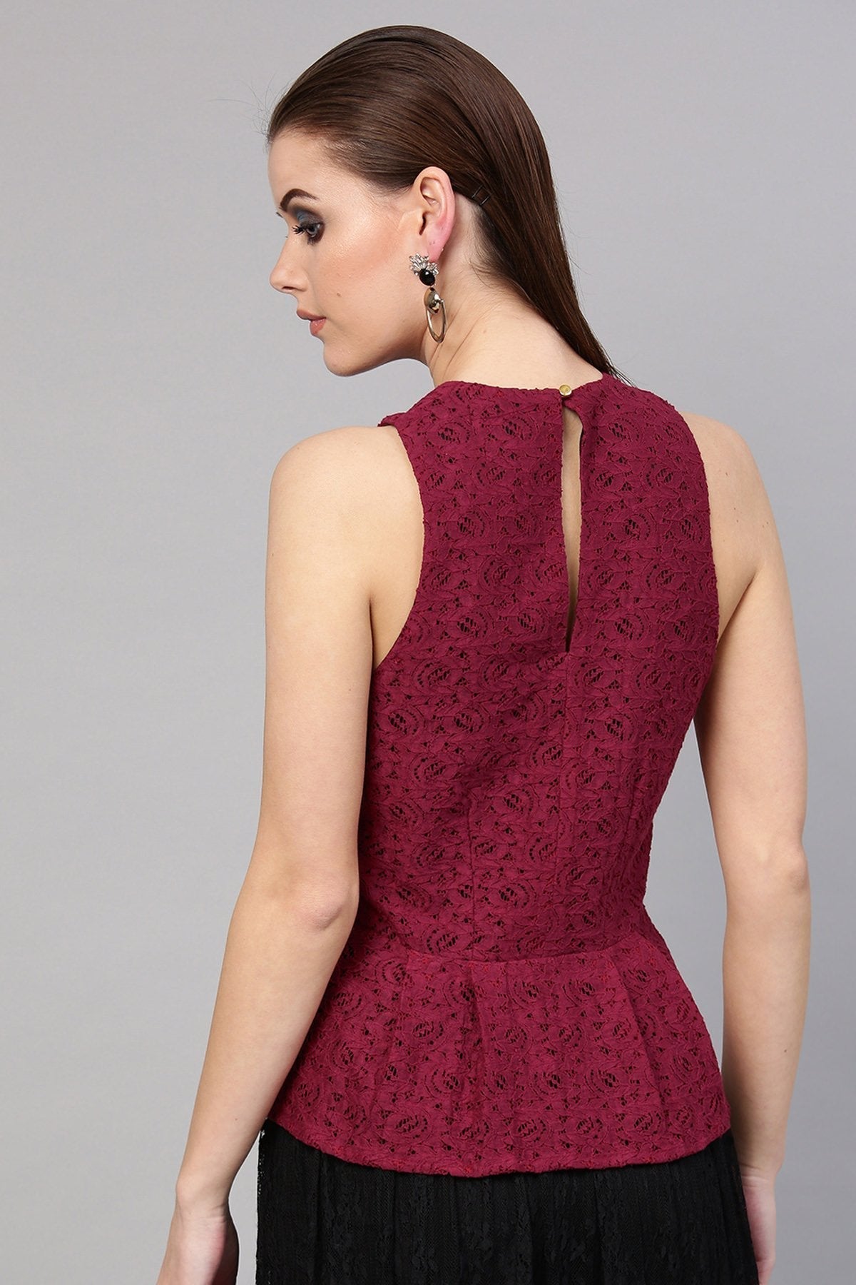Women's Wine Lace Sleeveless Peplum Top