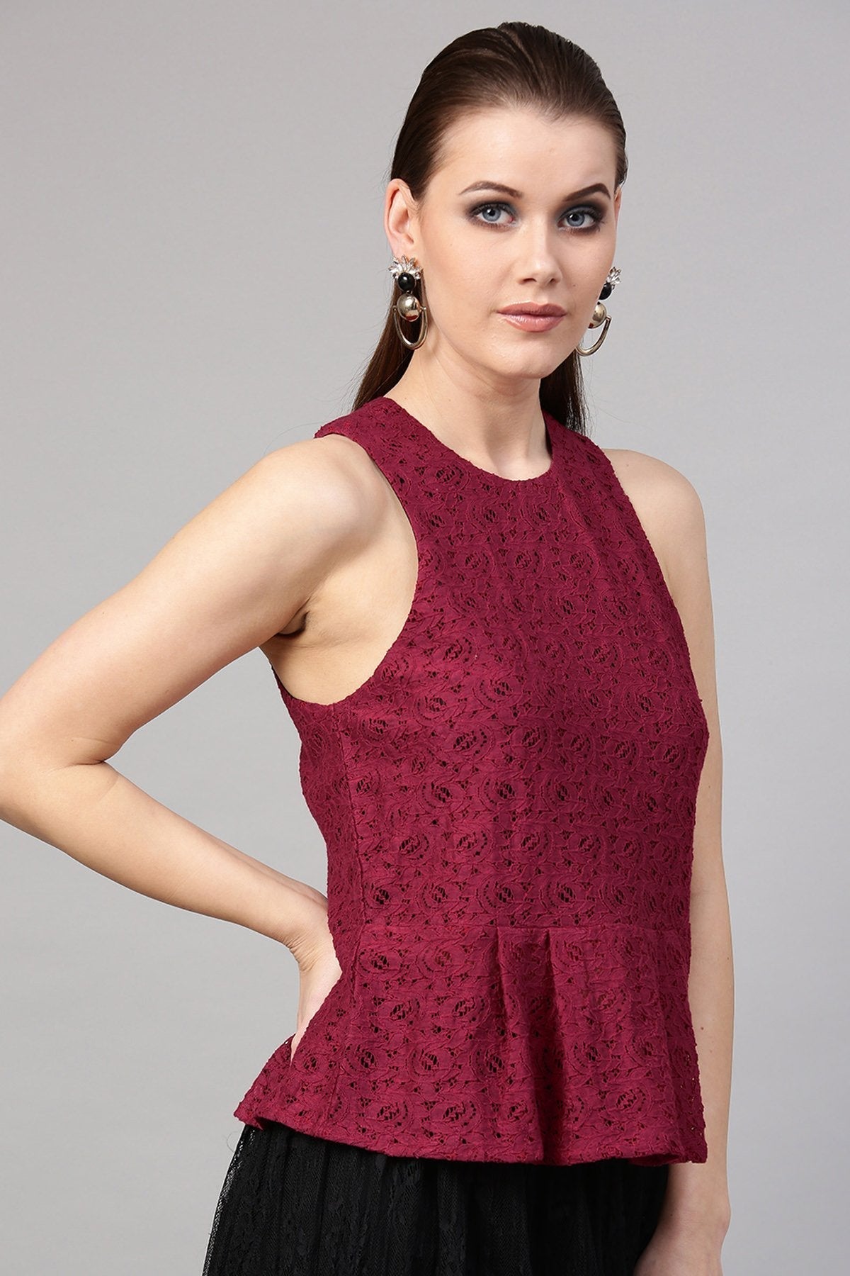 Women's Wine Lace Sleeveless Peplum Top