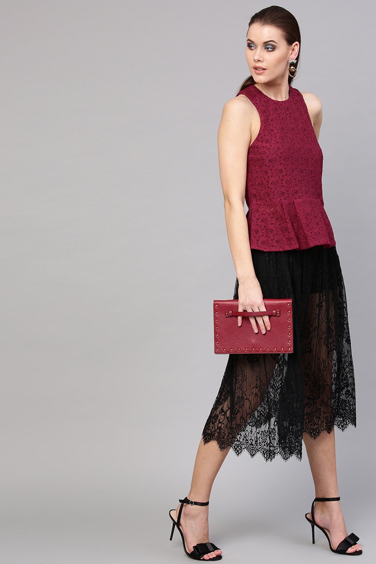 Women's Wine Lace Sleeveless Peplum Top