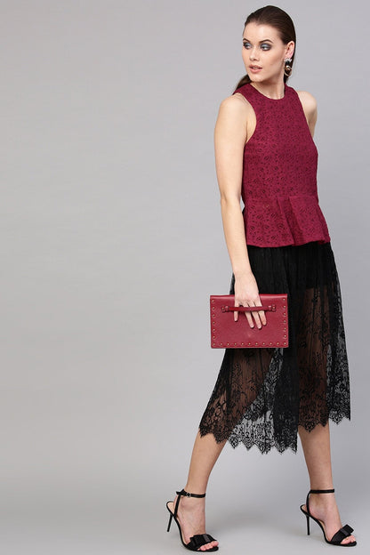 Women's Wine Lace Sleeveless Peplum Top
