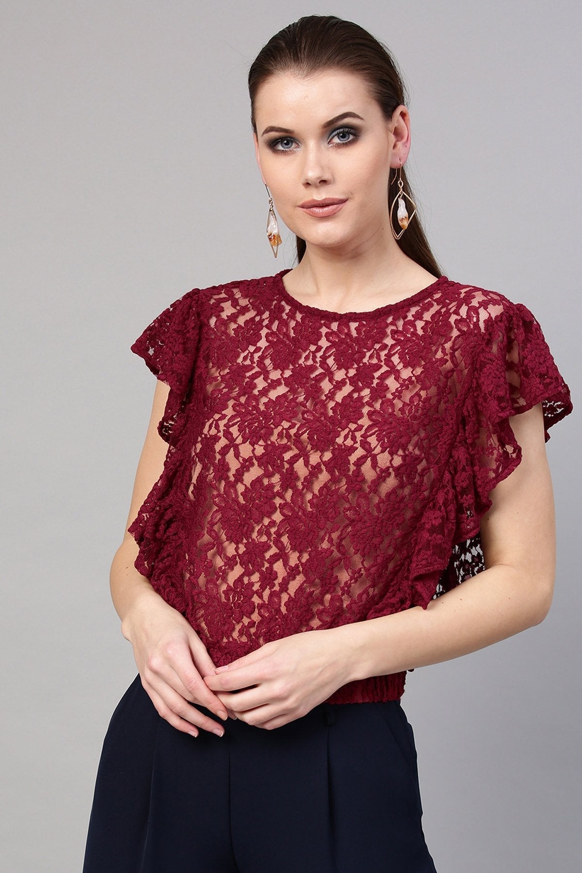 Women's Wine Lace Frill Crop Top