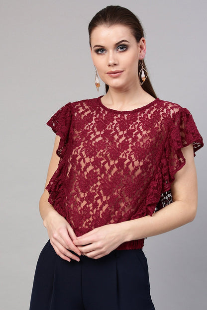 Women's Wine Lace Frill Crop Top