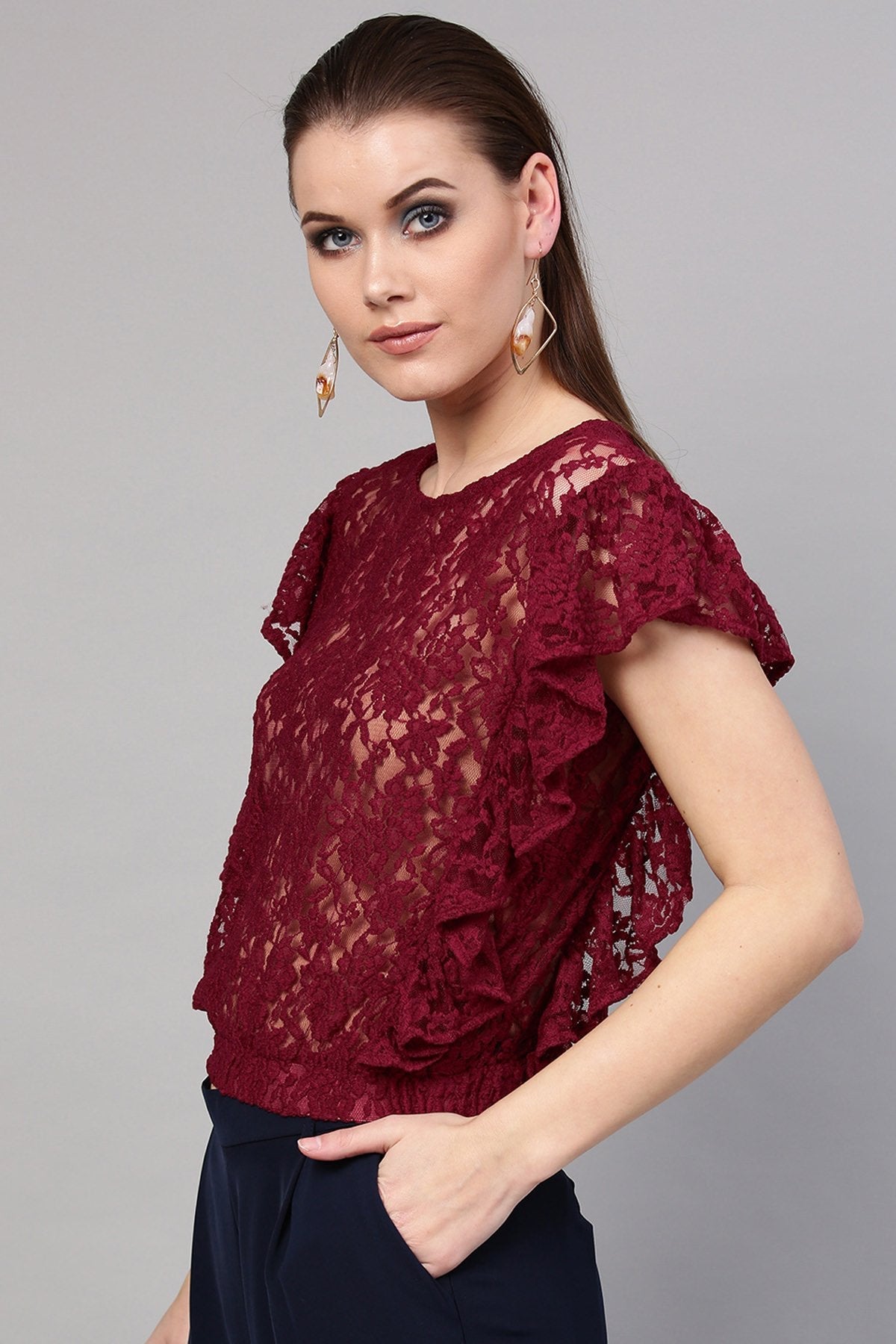 Women's Wine Lace Frill Crop Top