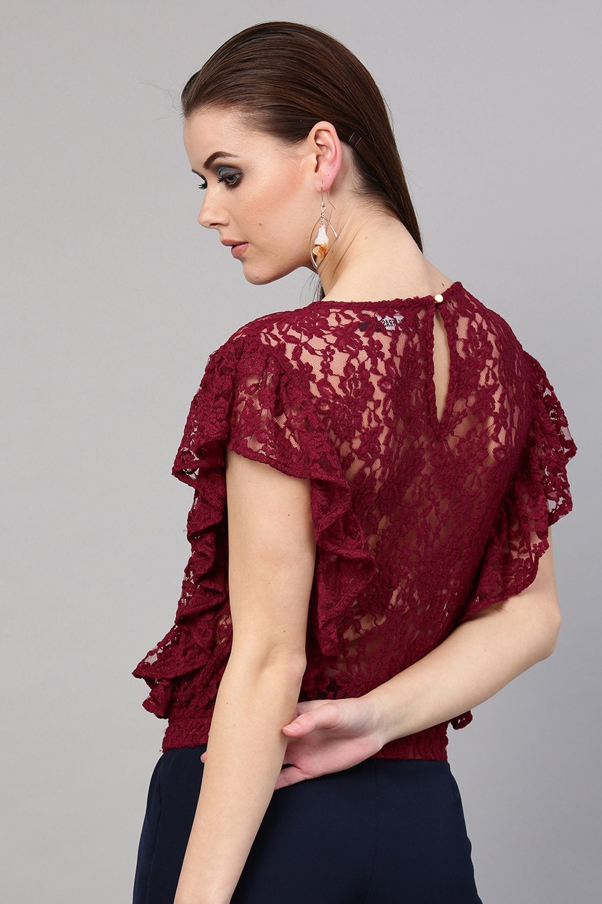 Women's Wine Lace Frill Crop Top
