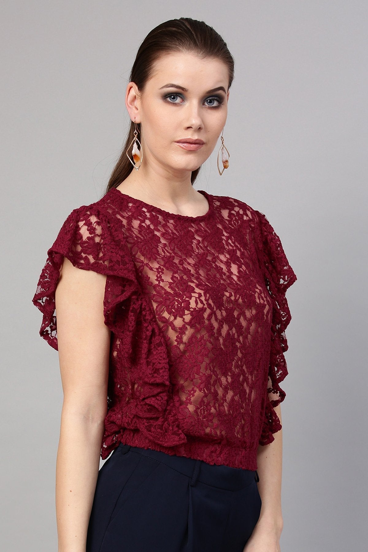 Women's Wine Lace Frill Crop Top