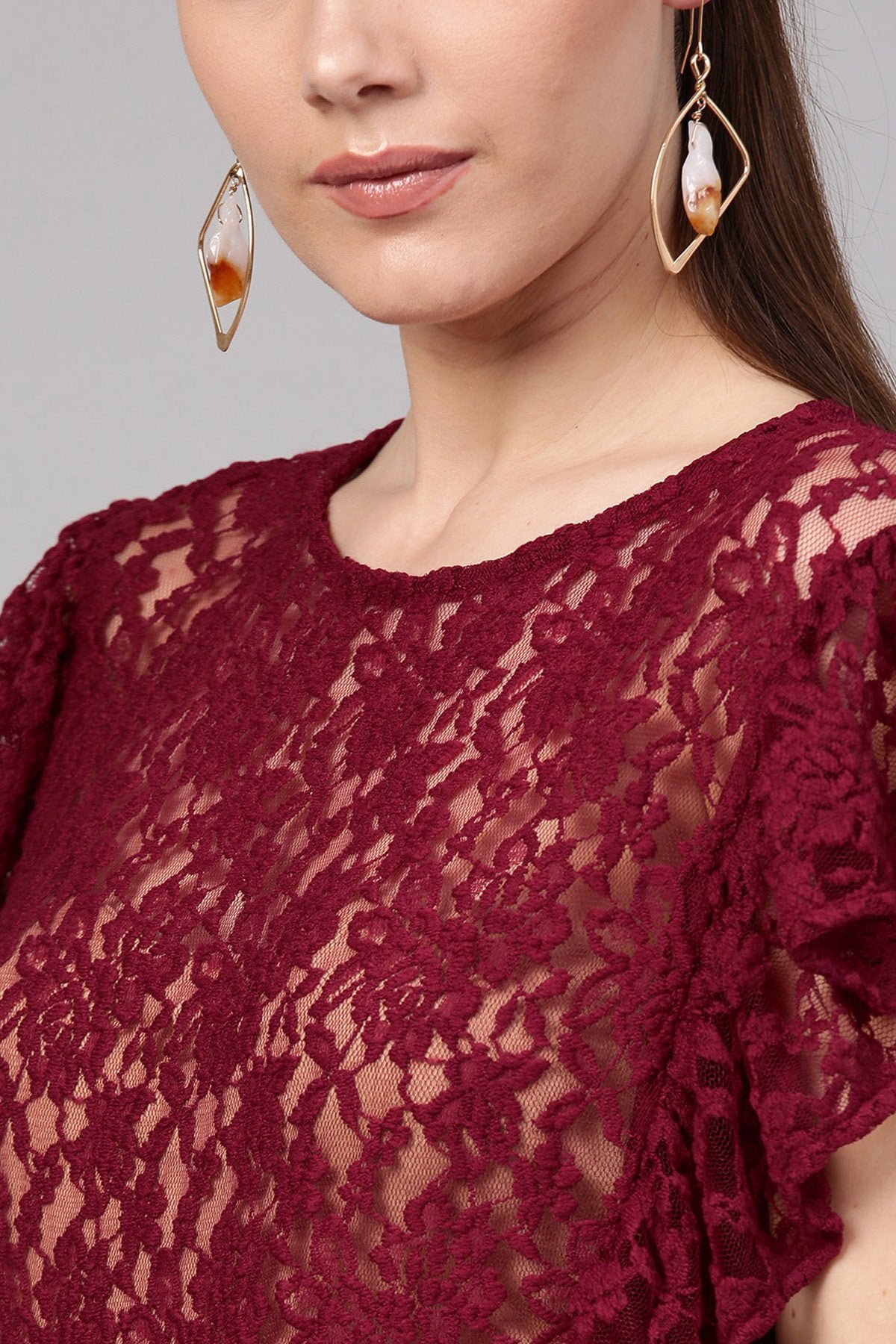 Women's Wine Lace Frill Crop Top