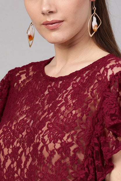 Women's Wine Lace Frill Crop Top