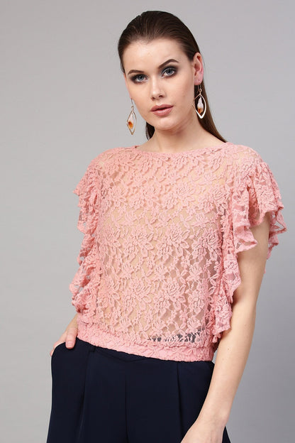 Women's Peach Lace Frill Crop Top