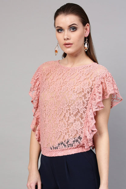 Women's Peach Lace Frill Crop Top